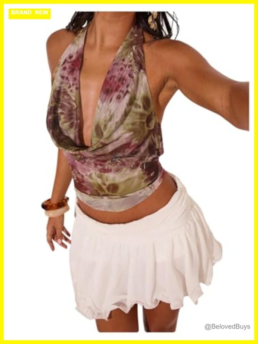 MakeMeChic Sheer Mesh Halter Top Cowl Neck Backless Floral Y2K Party